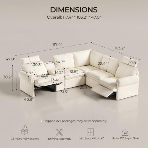 Image of CHIC HOUSE 117 inch 5-Seat L-Shaped Power Reclining Sectional Couch, Beige