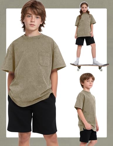 Image of COZYPOIN Unisex Kids Vintage Acid Wash Cotton Tees Crew Neck 3-16Y | 100% Cotton Boys Oversized T Shirt, Crew Neck, Short Sleeve, Front Pocket, Vintage Acid Washed Kids Tees for Boys Girls