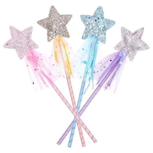 4Pcs Magic Wand Princess Wand Glitter Fairy Wands Sparkle Star Wands Princess Accessories Fairy Kit Princesses Costume Role Play Props for Birthday Halloween Christmas Party(Pink Blue Purple Yellow)