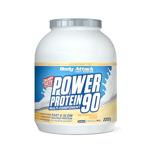 Body Attack POWER PROTEIN 90 - Butter Biscuit - 2kg Dose - Mehrkomponenten Protein Pulver, Made in Germany - Mit BCAA, Vitaminen & L-Carnitin - Protein Shake extra cremiger Geschmack, gute Löslichkeit