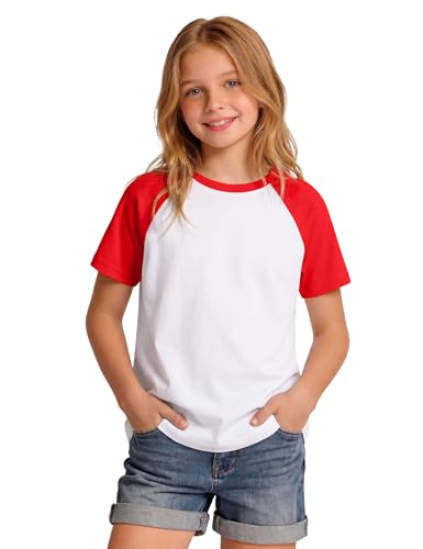 NUMYEAN Girls Short Sleeve T Shirts Raglan Tee Tops Baseball Shirts for Girl Fashion Clothes White Red 9-10 Years