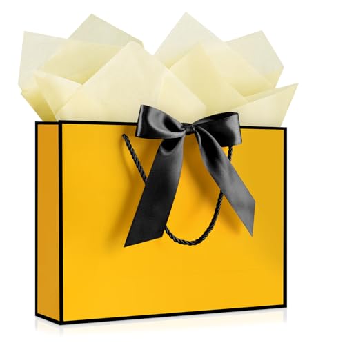 Image of JMANNI Gift Bags with Handles, 13 inch Medium Gift Bag for Presents, 1 Pcs Bags with 2 Tissue Paper and 1 Cards for Baby Shower Wedding Bridal Shower Mother's Day Birthday Party (Yellow-Black
