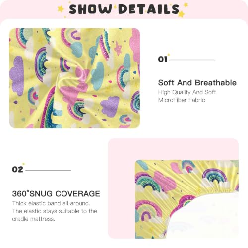 Image of Crib Sheet Breathable Soft Crib Mattress Sheet for Baby Toddler Boys Girls Fitted Pack n Play Crib Sheet Fit Standard Crib Mattress 52 x 28 Inch Cute Yellow Rainbow Cloud