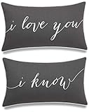 EURASIA DECOR I Love You I Know Set of 2 pcs Embroidered Decorative Lumbar Accent Throw Pillow Cover - for Couple, Bedroom, Wedding Gift (Grey, 12'x20')
