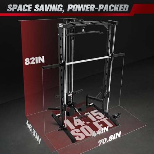 Image of RitFit Smith Machine Power Rack with LAT-Pull Down System, Landmine, Barbell Bar, Plate Storage Pegs and More Training Attachment