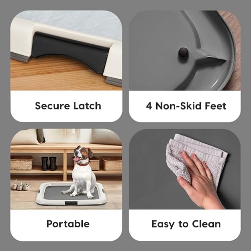 Image of IRIS USA Pee Pad Holder for Dogs and Puppies, Potty Training Tray with Secured Latches, Non-Skid Feet, Leak Protection, Easy Clean Surface, Fits 22 inchx 22 inch Puppy Pads Size or Larger, Dark Gray