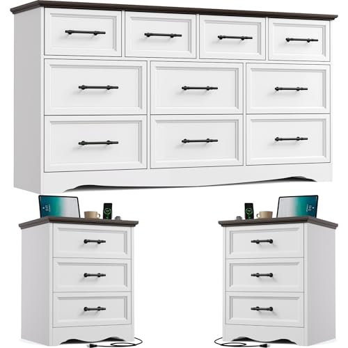 Image of Bedroom Set, 3 Pieces Bedroom Furniture Set, Wood 10 Drawer Dresser and 3 Drawers Nightstands with Charging Station, Farmhouse Storage Organizer Cabinet for Bedroom, White