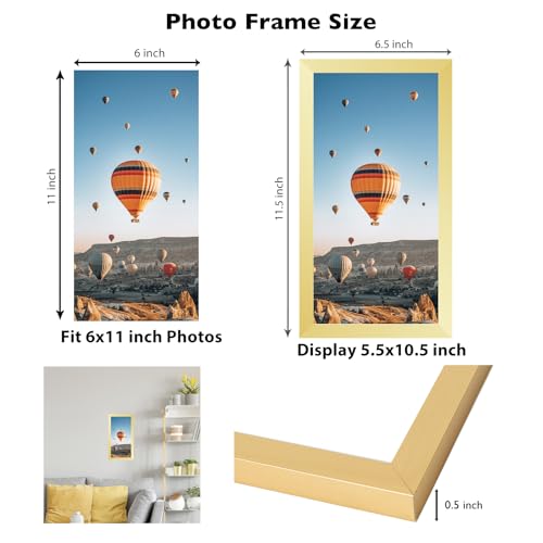 Image of JCJMY 6x11 Picture Frame Gold for Wall Hanging or Tabletop, Wall Mounting Horizontally or Vertically, 6 x 11 Wall Gallery Poster Photo Frame with Shatter Resistant Plexiglass, Gold