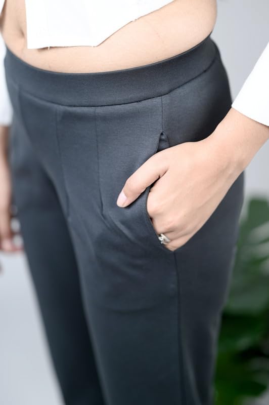 Image of Mlada Straight Fit Cigarette Pencil Pants Elastic Waist Band Mid High Waist Formal Office Trousers for Women, Pockets for Travel Stretch Cotton Knit Full Length Regular /Plus Size