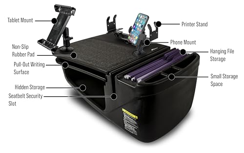Image of AutoExec AE-GMCD-PM-PS-TAB-BT GripMaster Car Desk for Your Vehicle Workstation and Mobile Office, Black with Phone Mount, Printer Stand and Tablet Mount