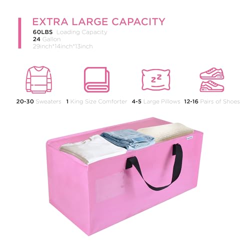 6 Pack Extra Large Moving Bags with Zippers, Backpack Straps & Reinforced Handles, Heavy Duty Storage Bags for Clothes, Moving, Space Saving, Pink