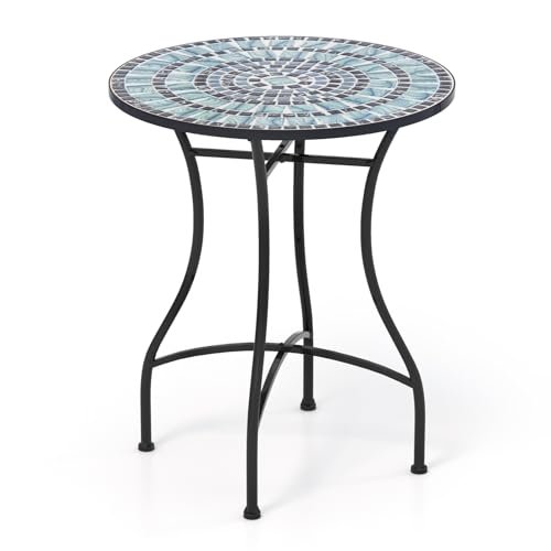 Giantex 24 Inch Patio Bistro Table, Mosaic Round Table w/Ceramic Tile Tabletop, Heavy-Duty Metal Structure, Outdoor Dining Table for Backyard, Garden, Porch (Blue & Black (Sun Pattern))