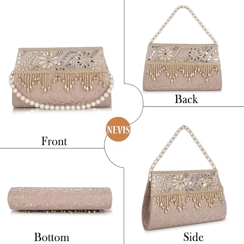 Image of Nevis Women's Embellished Clutch with Pearl Handle | Fancy Designe & Wedding Potli Bag for Festive & Evening