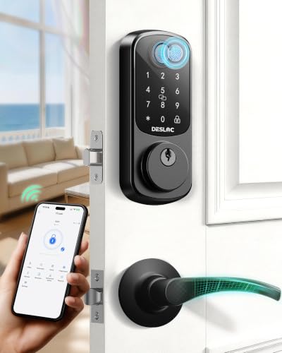 Image of DESLOC B200 Fingerprint Smart Lock with 2 Lever Handles, Keyless Entry Front Door Lock Set, Electronic Keypad Deadbolt, App Control, Auto Lock, Long Battery Life,Matte Black