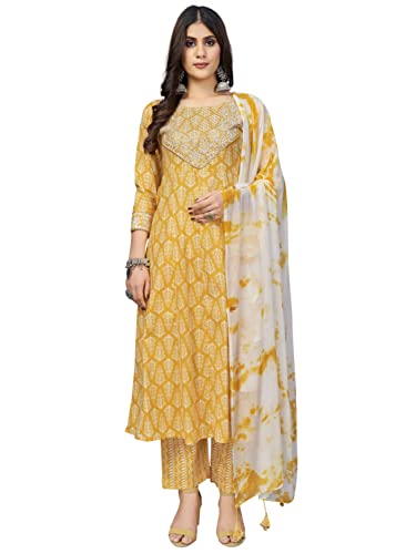 Image of Vbuyz Women's Cotton Print & Sequience A-Line Stitched Kurta Pant with Dupatta (VF-KU-1721-SKD-40 Yellow Large)
