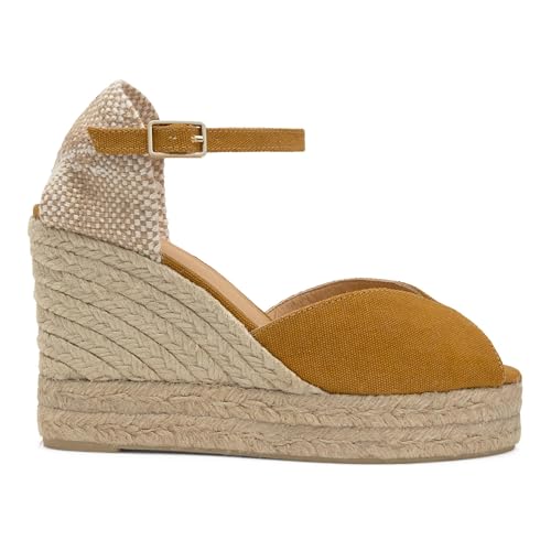 Castañer · Sandalia BIANCA/8ED/002 estilo peep-toe en algodón orgánico lavado con cuña de 11cm - Mujer color: Amarillo talla: 37