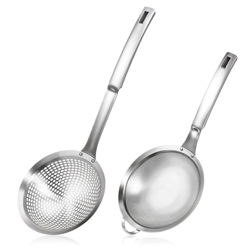 2 Pieces Fine Mesh Stainless Steel Sieve Food Strainer, Large Holes Slotted Colander Frying Spoon Set With Handle, Spider Strainer Skimmer, Handheld For Kitchen Cooking Tool