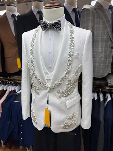 Men's Suit 3 Piece Set Handmade Luxury Jacquard Jacket Vest Pants with Crystal Bead Rhinestone for Wedding Formal Dinner3