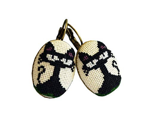 Handmade Cross-Stitch Embroidered Cat Earrings, Black and White