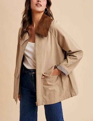 Lviefent Womens Contrast Corduroy Collar Jacket Zip Up Jacket Casual Coat Long Sleeve Outwear with Pockets2