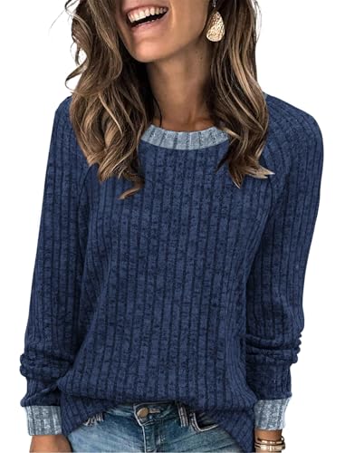 WIHOLL Long Sleeve Tops Women Lightweight Jumpers Ladies Color Block Sweatshirts Casual Womens Tops Size 14-16 Navy Blue