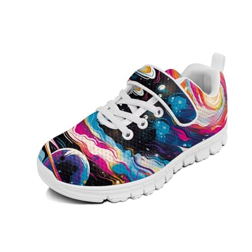 Boys Girls Sneakers Kids Breathable Lightweight Strap Tennis Athletic Running Shoes White Sole Galaxy Space Pattern