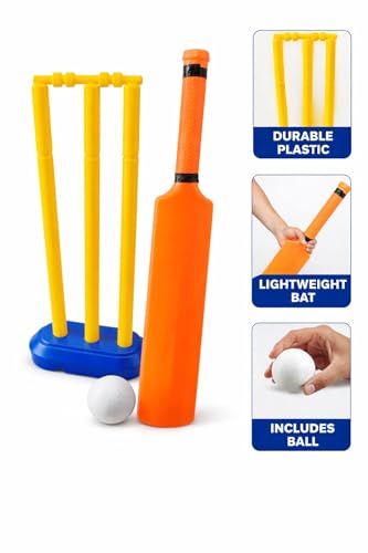Image of SPRAWA Kids Cricket Kit Set for Children | Plastic Cricket Bat Ball & 3 Stumps with Bail | Lightweight Indoor & Outdoor Cricket Toy Kit for Boys & Girls | Safe Fun Sports Game Set (Orange Big Bat)