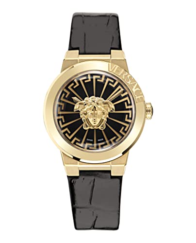 Versace Medusa Infinite Women's Watch, 38mm IP Yellow Gold Case, Black Matte Dial, Black Calfskin Leather Strap, Swiss Quartz Movement, 5 ATM Water Resistant - image 1