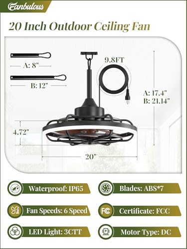 Image of Fanbulous 20 inch Outdoor Ceiling Fan with Light, Waterproof Caged Gazebo Fan