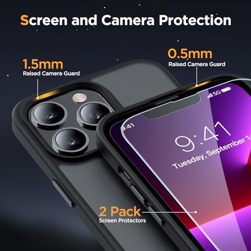 Image of Miracase Magnetic for iPhone 13 Pro Max Case 6.7 inch (Compatible with MagSafe)(with 2X Screen Protectors) Military-Grade Protection, Anti-Fingerprint Translucent Matte Phone Case Cover, Black