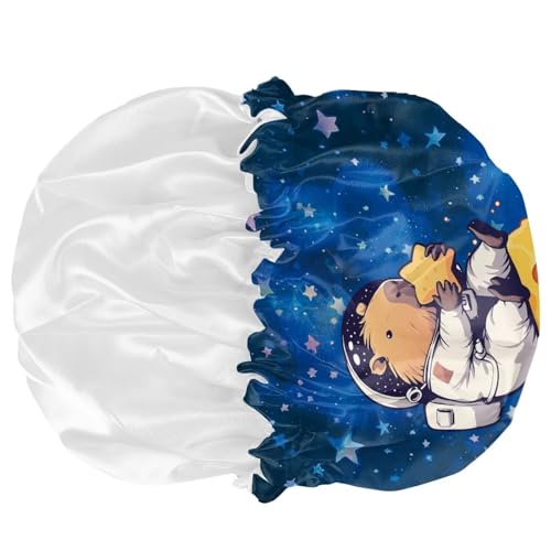 Image of Blue Galaxy Sleeping Cap for Kids Cute Capybara Print Beanie Sleep Hats with Elastic Wide Band Kids Satin Bonnet Adjustable Night Heawear Hat for Curly Natural Hair