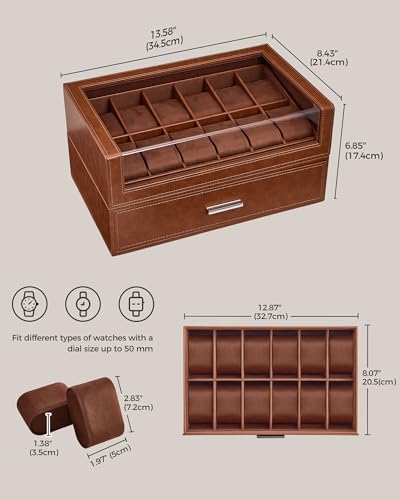 Image of ProCase Watch Box for Men, 24 Slots Watch Display Holder with Clear Acrylic Top, Large Capacity PU Leather Case with Drawer Organizer, Jewelry Storage, Ideal Gift for Men Women -Brown