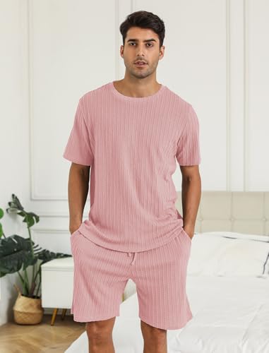 EISHOPEER Matching Pajamas for Mens Ribbed Knit Pajama Short Sleeve Soft Sleepwear 2 Pieces Set Pink3