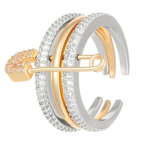 Layered CZ Safety Pin Stackable Open Rings for Women Fashion Gold Silver Plated Two Tone Cubic Zirconia Paved Engagement Promise Statement Band Finger Rings Unique Design Fashion Jewelry Size 7