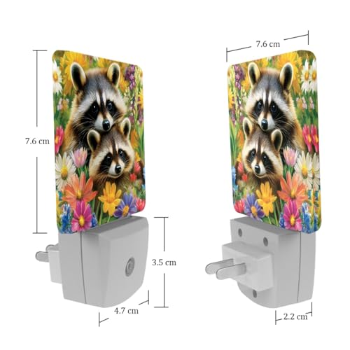 Image of NEWzone Flower Raccoons Night Light Set of 2, Auto Sensor LED Dusk-to-Dawn Nightlights, Plug-in Sensor Lamp for Bedroom Bathroom Kitchen Hallway Stairs Decorative