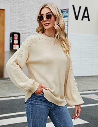 Image of Blooming Jelly Women's Chunky Sweater Crewneck Sweatshirt Knit Lantern Sleeve Oversized Pullover Sweater with Pearls