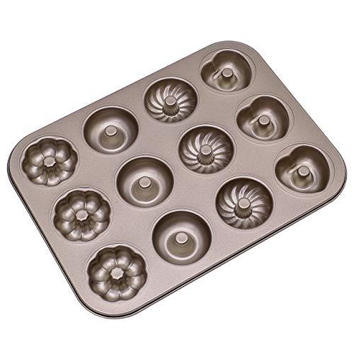 WarmHut 12 Cavity Mini Donut Pan, Mini Fluted Cake Pan Carbon Steel Nonstick Donut Molds, Mini Donut Baking Tray Maker Pan for Donut Cake Biscuit Bagels, Madeleine Pan