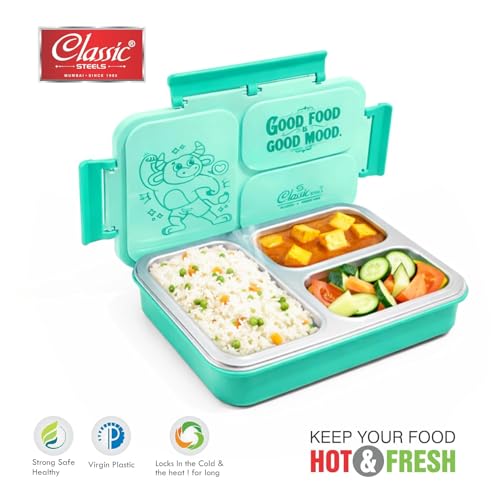 Image of Classic Steels Insulated 3-Compartment Stainless Steel Lunch Box for Kids & Adults | Leak-Proof Bento Box with Silicone Seal | BPA-Free & Food Grade, Green