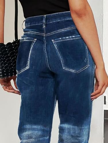 Flamingals Cropped Straight Leg Mid Rise Boyfriend Ripped Wash Roll Hem Denim Jeans4