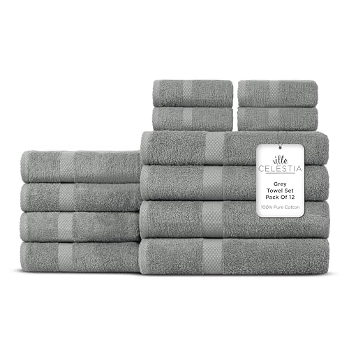 Image of Villa Celestia 12-Piece 100% Cotton Towel Set, 4 Bath Towels, 4 Hand Towels, 4 Wash Cloth, Quick-Dry, Grey
