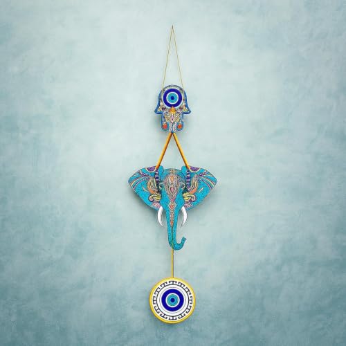 Image of Pack of 2 Owl Evil Eye Wall Hanging Decor, Colorful Wooden Nazar Protection Charm for Home, Entrance & Living Room, Vastu & Feng Shui Hanging (Multicolour) (Ganesha Mosaic & Elephant Hamsa)
