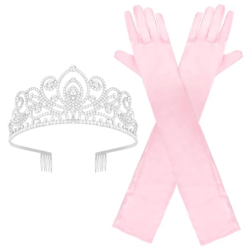Brimekichio Princess Tiara and Gloves for Women - Light Pink Opera Gloves Rhinestone Metal Pink Crown Halloween Princess Accessories for Women