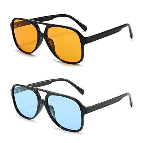 IKUVNA Gafas de sol vintage de aviador para mujeres y hombres, gafas retro de los años 70, lentes amarillas de gran tamaño, Amarillo, azul, Large