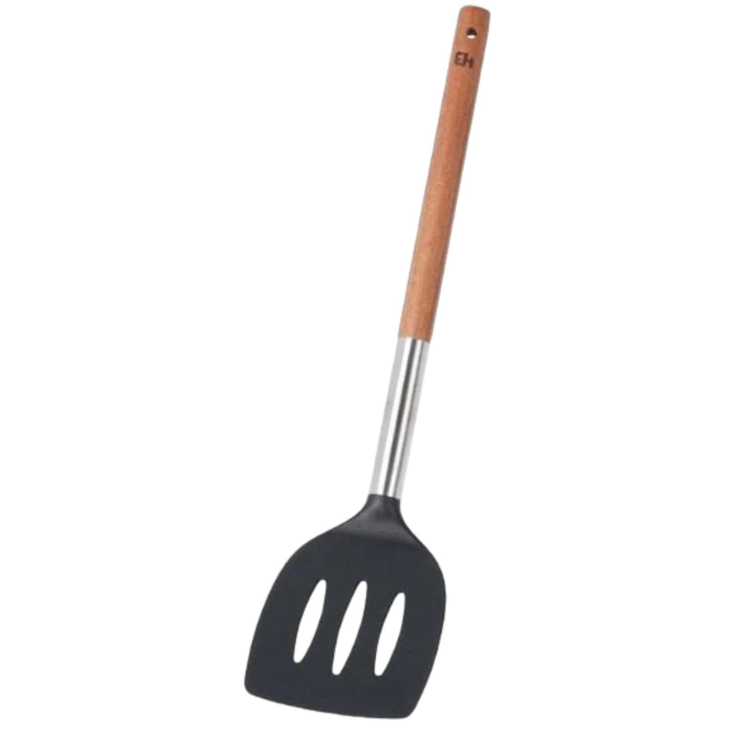 Espátula de cocina de madera, mango largo, cabeza de silicona antiadherente, 30 cm