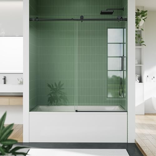 Image of 56-60 inch W x 59 inch H Frameless Sliding Shower Door, 1 /4 inch (6mm) SGCC Tempered Glass with Explosion-Proof Film, Round Rail Design & 304 Stainless Steel Hardware, Easy-Clean Matte Black Finish