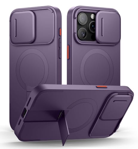 Image of SURITCH for iPhone 15 Pro Max Case with Magnetic Camera Slide Cover and Adjustable Kickstand, Compatible with MagSafe, Shockproof Bumper Case Slim Protective Cover 6.7 Inch, Dark Purple