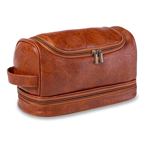 Ziyero Kulturtasche aus Leder - Wasserdichte Kosmetiktasche Mit Nass-Trockenbeutel für Herren und Damen - Waschtasche für Reise
