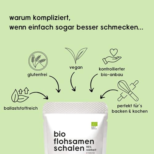Foto von Bio Flohsamenschalen 99% Reinheit - Premium Qualität - laborgeprüft, ballaststoffreich, vegan, lower-Carb, glutenfrei, nachhaltig und fair angebaut, 500g