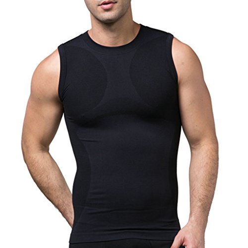JIAO MIAO Mens Slimming Waist Body Shaper Vest Shirt,T390Black-L
