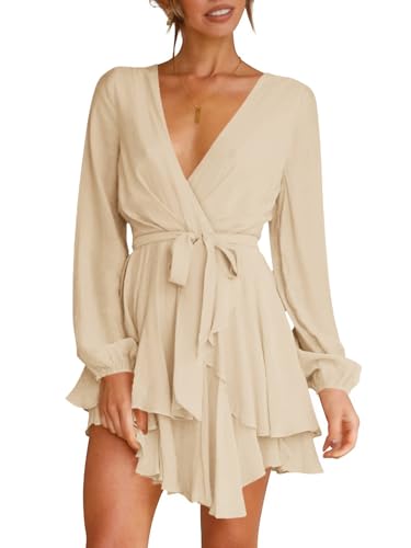 Wenrine Damen Kleider Sexy Tiefer V-Ausschnitt Freizeitkleid A Linie Rüschen Minikleid Langarm Wickelkleid mit Gürtel, Aprikose, L